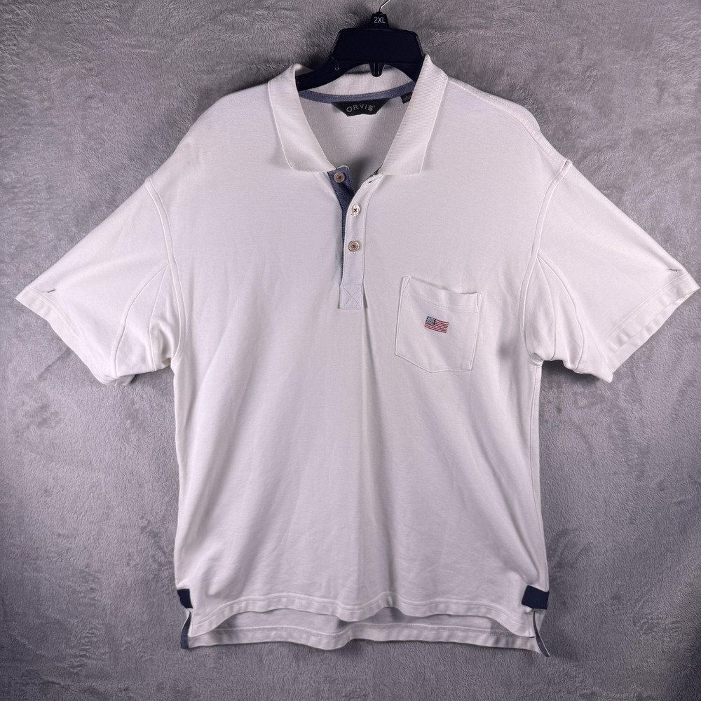 Orvis Polo Shirt Mens 2XL White USA Flag Pocket Classic Fit Cotton Casual